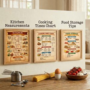 Cooking Cheat Sheets Trio>Kitchen Measurements, Cooking Times Chart & Food Storage Tips
